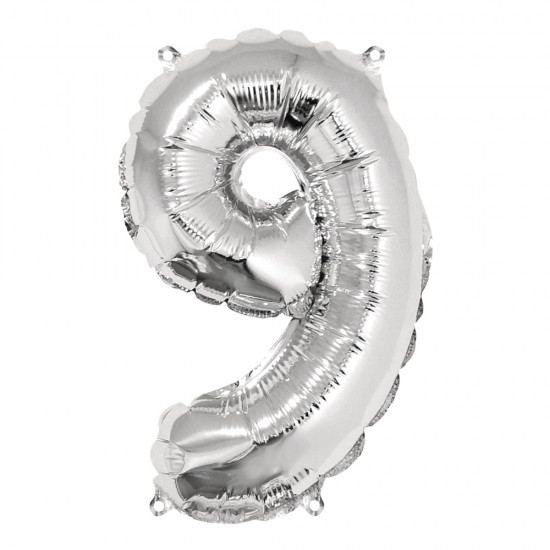 Foil balloon number   9  , argintiu, 40cm, tab-bag