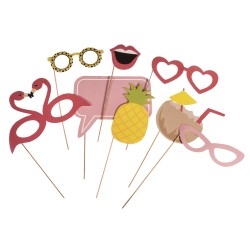 Party Masks Tropical, with wooden stick, tab-bag 8pcs