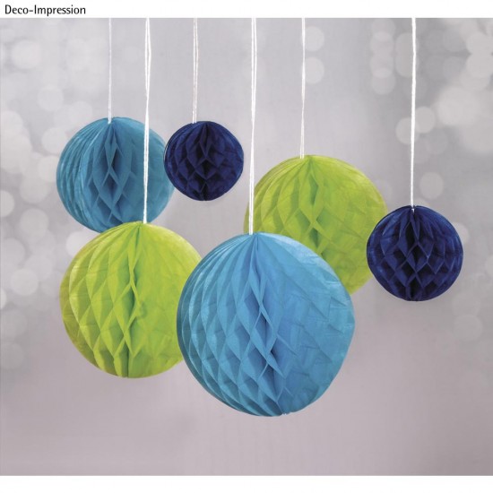 Honeycomb balls to hang, l.green/l.blue/d.blue, 5/8/10cm assort.colours,
