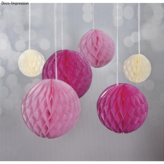 Honeycomb balls to hang, roz/rozish/bej, 5/8/10cm assort.colours, tab