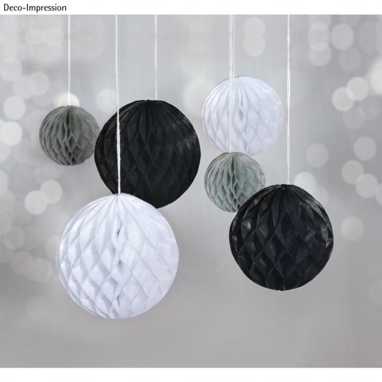 Honeycomb balls to hang, negru/alb/grey, 5/8/10cm assort.colours, tab-b