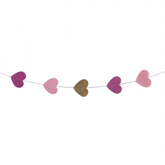 Paper garland hearts, 5cm o, roz/rozish/golden glitter, 2m, assorted co
