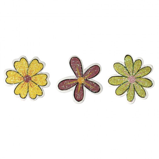 Flori lemn, Rayher, 3 modele, cu sclipici, 2,5 cm, 9 buc/set