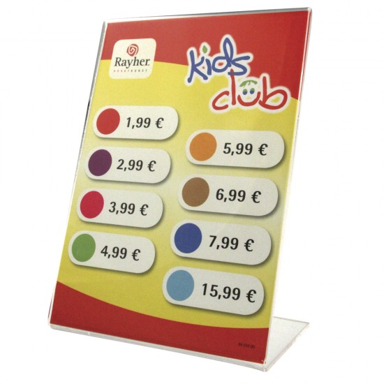 L-acrylic stand w. price sheet,kids club, height: 15 cm, width: 10.5 cm