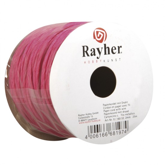 Snur hartie roz, cu sarma, Rayher, 2 mm, 25 m/rola