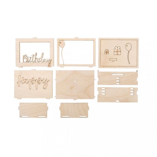 Kit creativ Pusculita 3D Happy Birthday, lemn natur,11,5x8,5x5cm