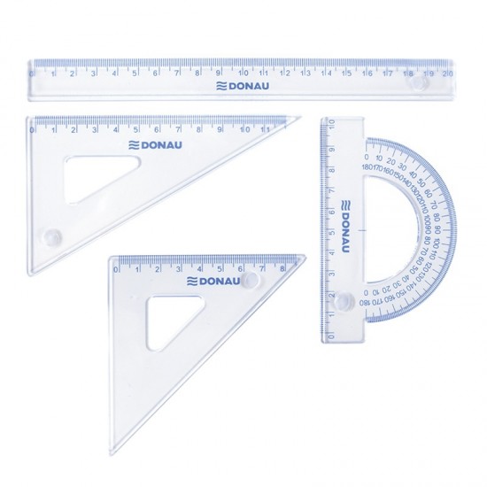 Set geometrie mic, contine: rigla 20cm, raportor, echer 10.5cm si echer 15cm, DONAU -transparent