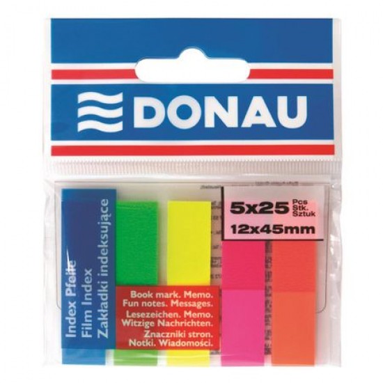 Stick index plastic transparent color 45 x 12 mm, 5 x 25 file/set, Donau - 5 culori neon