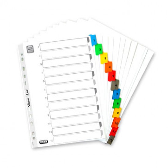 Index carton alb Mylar numeric 1-12, margine PP color, A4 XL, 170g/mp, ELBA