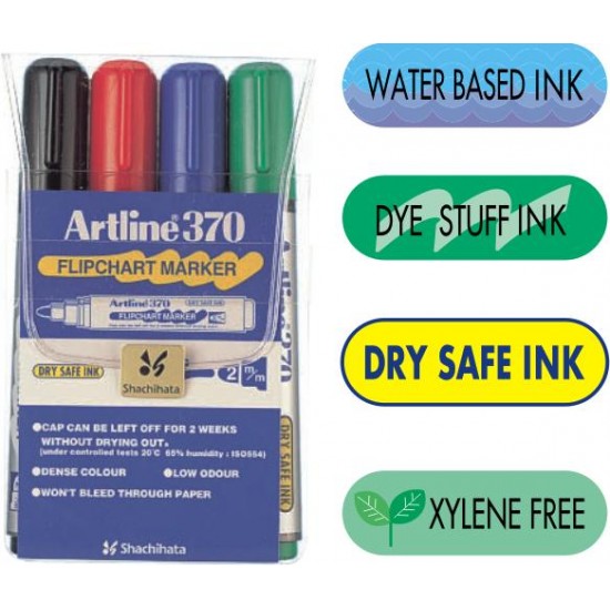 Flipchart marker ARTLINE 370 - Dry safe ink, corp plastic, varf rotund 2.0mm, 4 culori/set