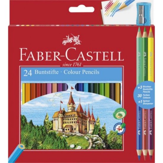 Creioane colorate 24 culori + 3 creioane bicolore + 1 ascutitoare, Faber-Castell