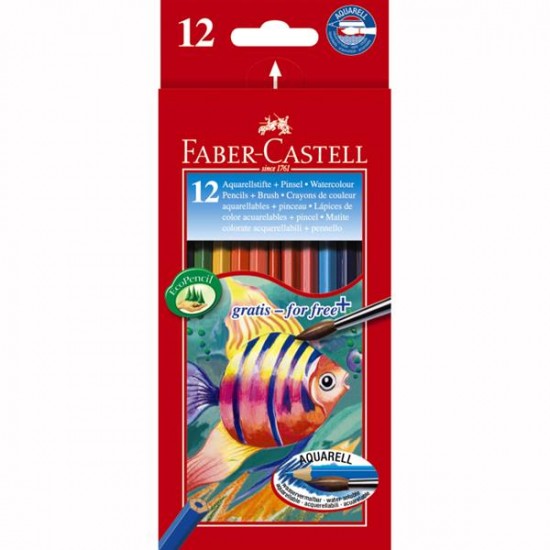 Creioane Colorate Acuarela Faber-Castell + Pensula, 12 culori/set