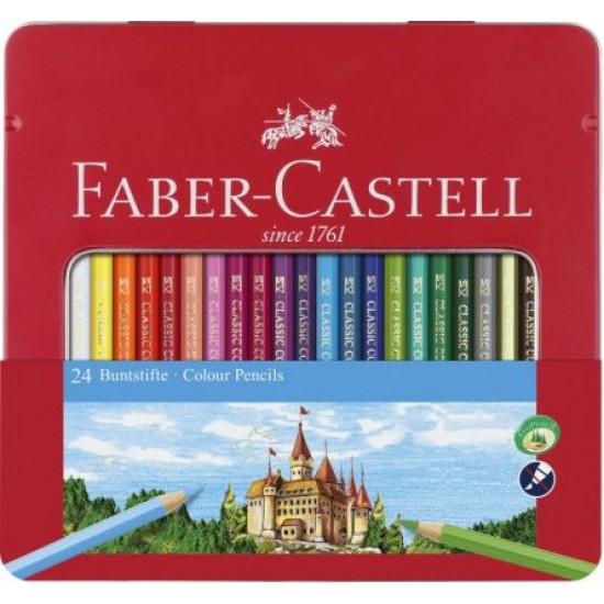 Creioane colorate 24 culori, cutie metalica, Faber-Castell
