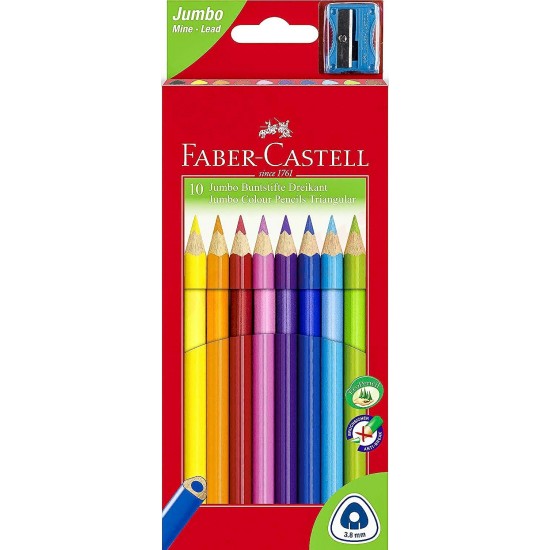 Creioane colorate 10 culori/set si o ascutitoare, Jumbo Faber Castell