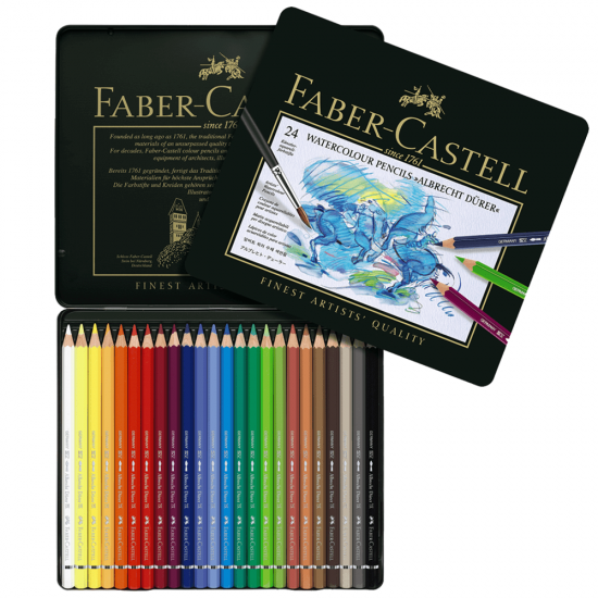 Creioane colorate acuarela, in cutie metal, 24 culori/set, A.Durer, Faber Castell