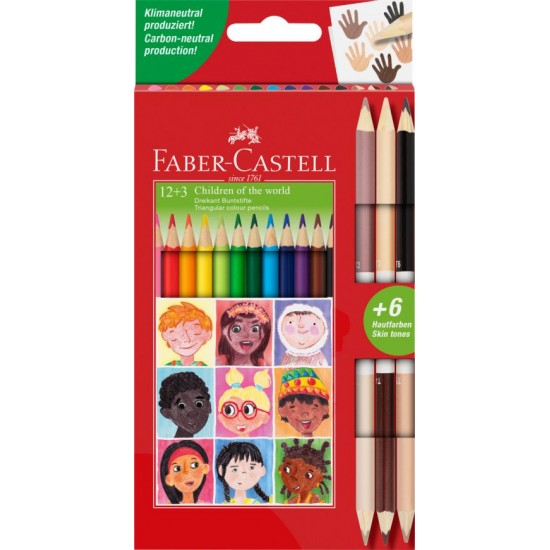 Creioane colorate 12 culori + 3 creioane bicolore tonuri de piele, Faber-Castell