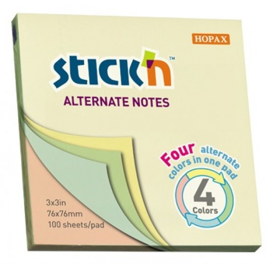 Notes autoadeziv 76 x 76 mm, 100 file, Stick"n Alternate - 4 culori pastel