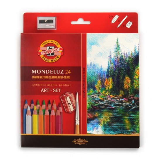 Creioane colorate Koh-I-Noor Aquarell Mondeluz cu pensula si ascutioare, diametru  mina 3.8mm, 24 culori/set