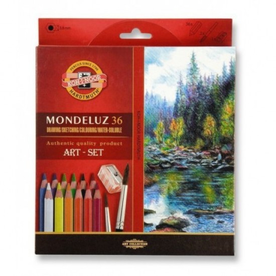 Creioane colorate Koh-I-Noor Aquarell Mondeluz cu pensula si ascutioare, diametru  mina 3.8mm, 36 culori/set