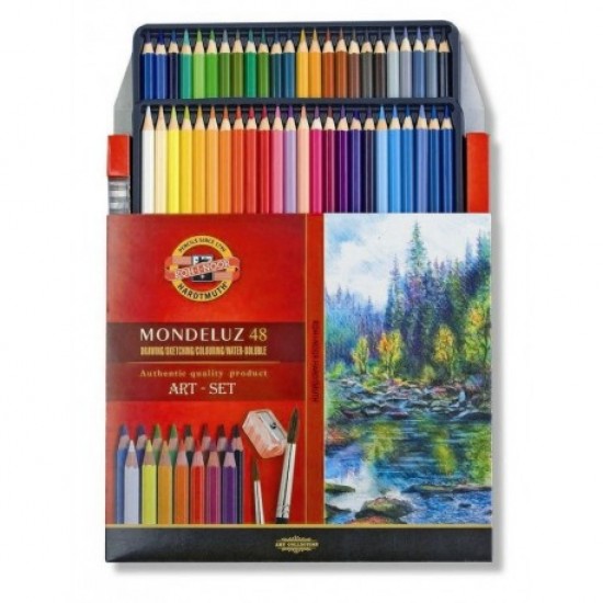 Creioane colorate Koh-I-Noor Aquarell Mondeluz cu pensula si ascutioare, diametru  mina 3.8mm, 48 culori/set