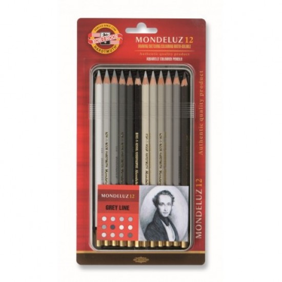 Creioane colorate Koh-I-Noor Aquarell MONDELUZ, cutie metal, diametru mina 3.8 mm, 12 culori/set, nuante de gri