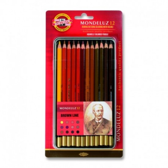 Creioane colorate Koh-I-Noor Aquarell MONDELUZ, cutie metal, diametru mina 3.8 mm, 12 culori/set, nuante de maro