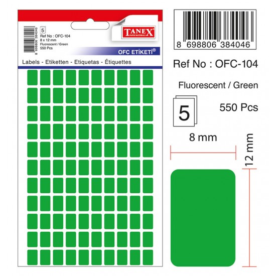 Etichete autoadezive color, 8 x 12 mm, 550 buc/set, TANEX - verde fluorescent