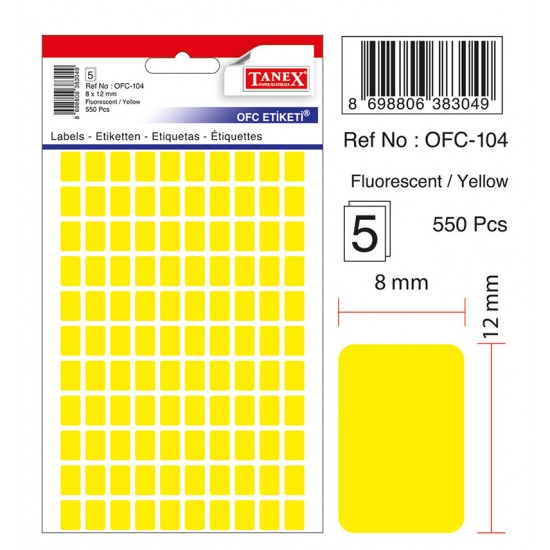 Etichete autoadezive color, 8 x 12 mm, 550 buc/set, TANEX - galben fluorescent