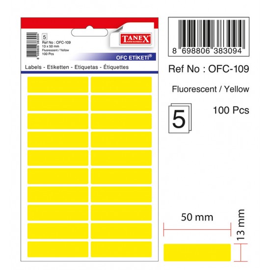 Etichete autoadezive color, 13 x 50 mm, 100 buc/set, TANEX - galben fluorescent
