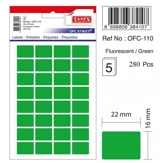 Etichete autoadezive color, 16 x 22 mm, 160 buc/set, TANEX - verde fluorescent