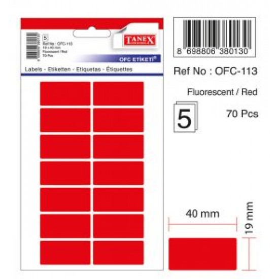 Etichete autoadezive color, 19 x 40 mm, 70 buc/set, TANEX - rosu fluorescent