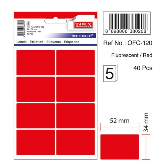 Etichete autoadezive color, 34 x 52 mm, 40 buc/set, TANEX - rosu fluorescent