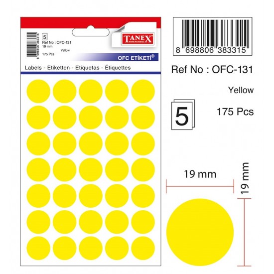 Etichete autoadezive color, D19 mm, 175 buc/set, TANEX - galben