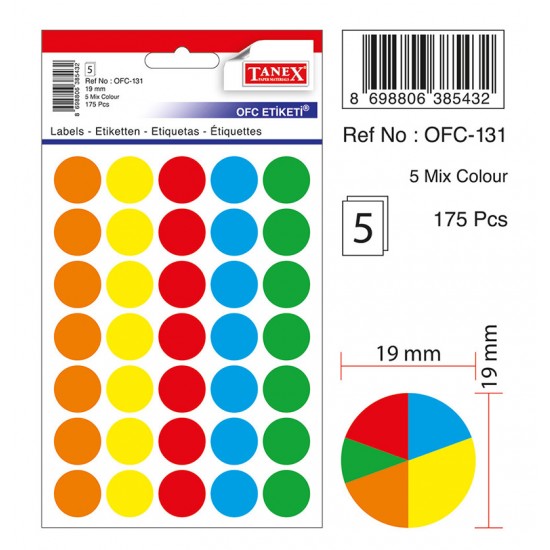 Etichete autoadezive color mix, D19 mm, 175 buc/set, TANEX - culori asortate
